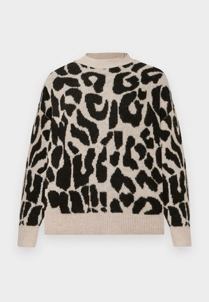 Beige trui met een gedurfde zwarte luipaardprint, voorzien van een ronde halslijn en ribgebreide boorden en zoom voor een subtiele textuur.