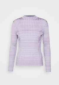 Lila Langarmoberteil mit strukturiertem Rautenmuster, hohem Kragen und taillierter Passform. Hergestellt aus dehnbarem Material für optimalen Komfort.