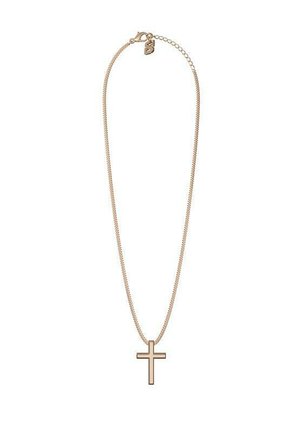 Gold chain necklace with a simple cross pendant and an "S" charm near the lobster clasp on a white background.