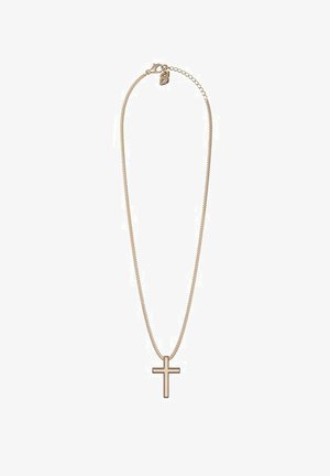 Gold chain necklace with a simple cross pendant and an "S" charm near the lobster clasp on a white background.