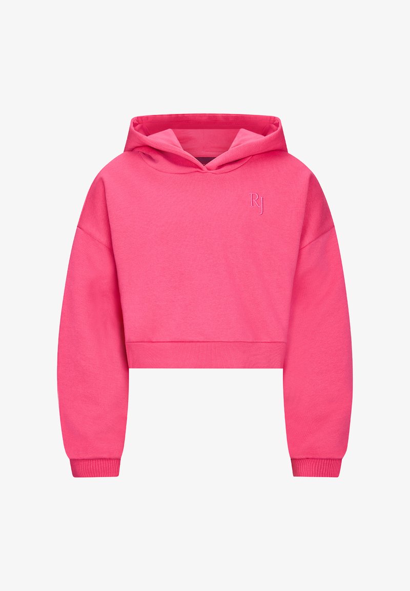 Felpa corta rosa brillante con maniche lunghe, polsini a coste e un piccolo logo "RJ" ricamato sul lato sinistro del petto.
