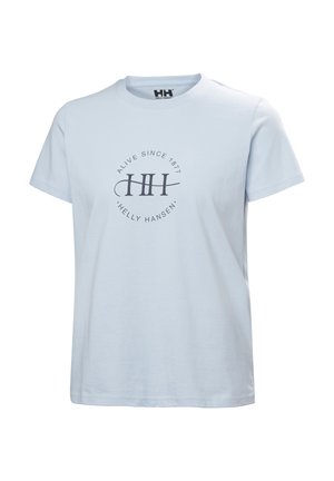 Lichtblauw Helly Hansen T-shirt met korte mouwen, ronde hals en "Alive Since 1877 Helly Hansen" logo in het midden van de borst.