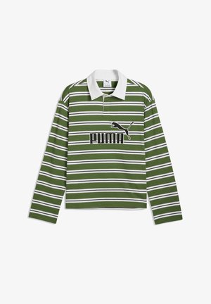 Polo manches longues rayé horizontalement vert et blanc avec col blanc et logo Puma noir ainsi que texte au centre devant.
