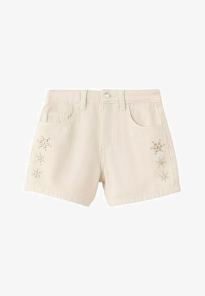Gebroken-witte denim short met voorzakken, riemlussen, knoopsluiting en decoratieve ronde studs in bloemmotieven op beide dijen.