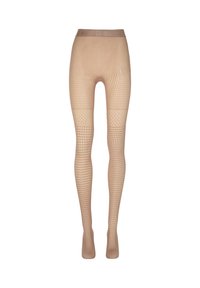 Beige fisknätstrumpbyxor med ett diamantmönster, bred midjeresår och en genomskinlig finish, designade för en jämn passform från midjan till tårna.