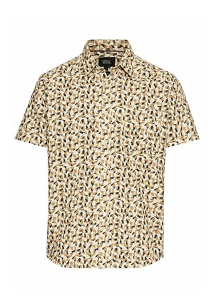 Korte mouw shirt met een geometrisch patroon in beige, bruin en zwart. Gemaakt van lichtgewicht stof met een klassieke kraag en knoopsluiting.