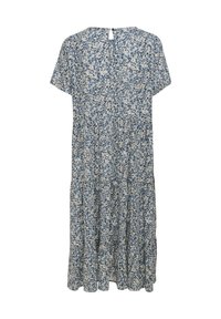 Blå blommig kortärmad klänning, knälång med ett lager design, med ett nyckelhål i ryggen, tillverkad av lätt tyg med en texturerad mönster.