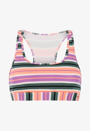 Sportbeha met horizontale strepen in paars, roze, wit, perzik en donkergroen, met een racerback-ontwerp en gestructureerde stof.