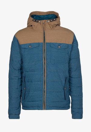 Blauw en bruin gewatteerd jack met capuchon, ritssluiting aan de voorkant, twee borstzakken met knopen en twee zijzakken met knoopflappen.