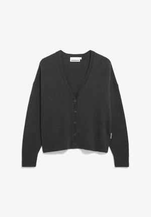 Dunkelgraue Wollstrickjacke mit V-Ausschnitt, Knopfverschluss und gerippten Bündchen. Hat eine lockere Passform und eine weiche Textur.