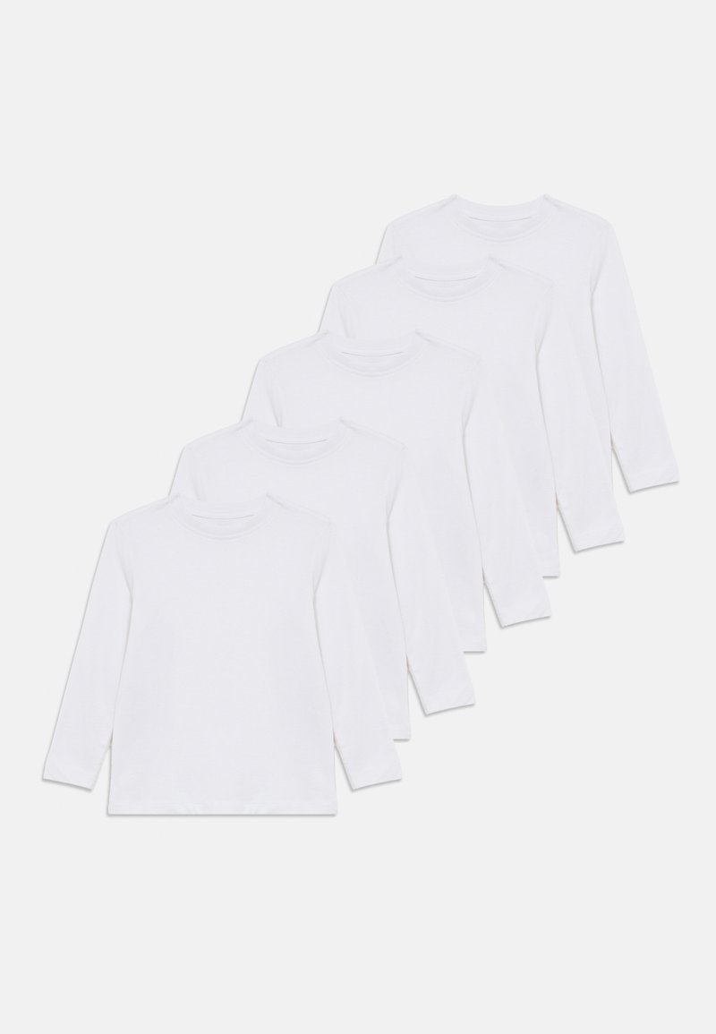 Λευκά μακρυμάνικα μπλουζάκια, κατασκευασμένα από βαμβακερό ύφασμα, με στρογγυλή λαιμόκοψη και ίσια τελειώματα, τοποθετημένα σε στοίβα πέντε τεμαχίων.