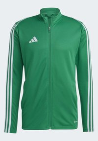 Groene sportjacket van gladde stof, met een volledige rits, hoge kraag en witte drie-streepaccents op de mouwen.