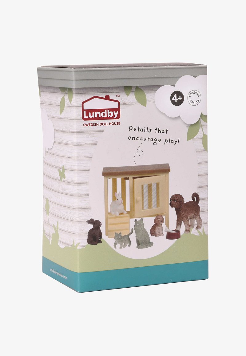 Zestaw akcesoriów do domku dla lalek Lundby, składający się z drewnianej zagrody dla zwierząt, w której znajdują się: królik, pies, koty i króliki, w różnych kolorach i teksturach.