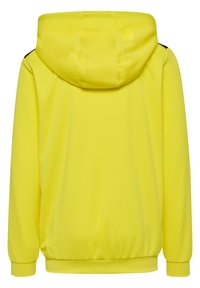 Gelber Kapuzenpullover aus strukturiertem Stoff mit elastischen Bündchen und Saum, nahtlosem Rücken und schwarzen Akzentnähten an den Schultern.