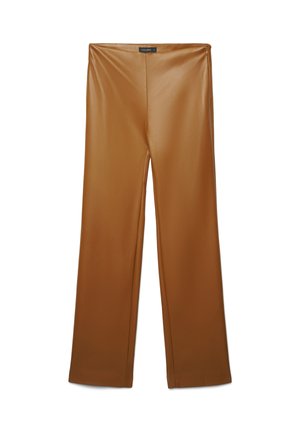 Brown, high-waisted, straight-leg pants made from a smooth, shiny material. Features a clean design with no visible hardware or accents.