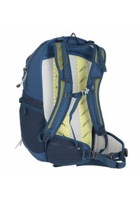 Rugzak met een marineblauwe buitenkant, een gevoerde mesh achterkant, verstelbare schouderbanden en gele accenten. Heeft een ergonomisch ontwerp en zijvakken.