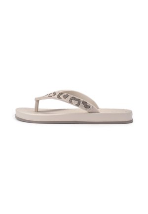 Beige Flip-Flop-Sandale mit gepolsterter Sohle und dekorativem Leopardenmuster aus Perlen am Riemen.