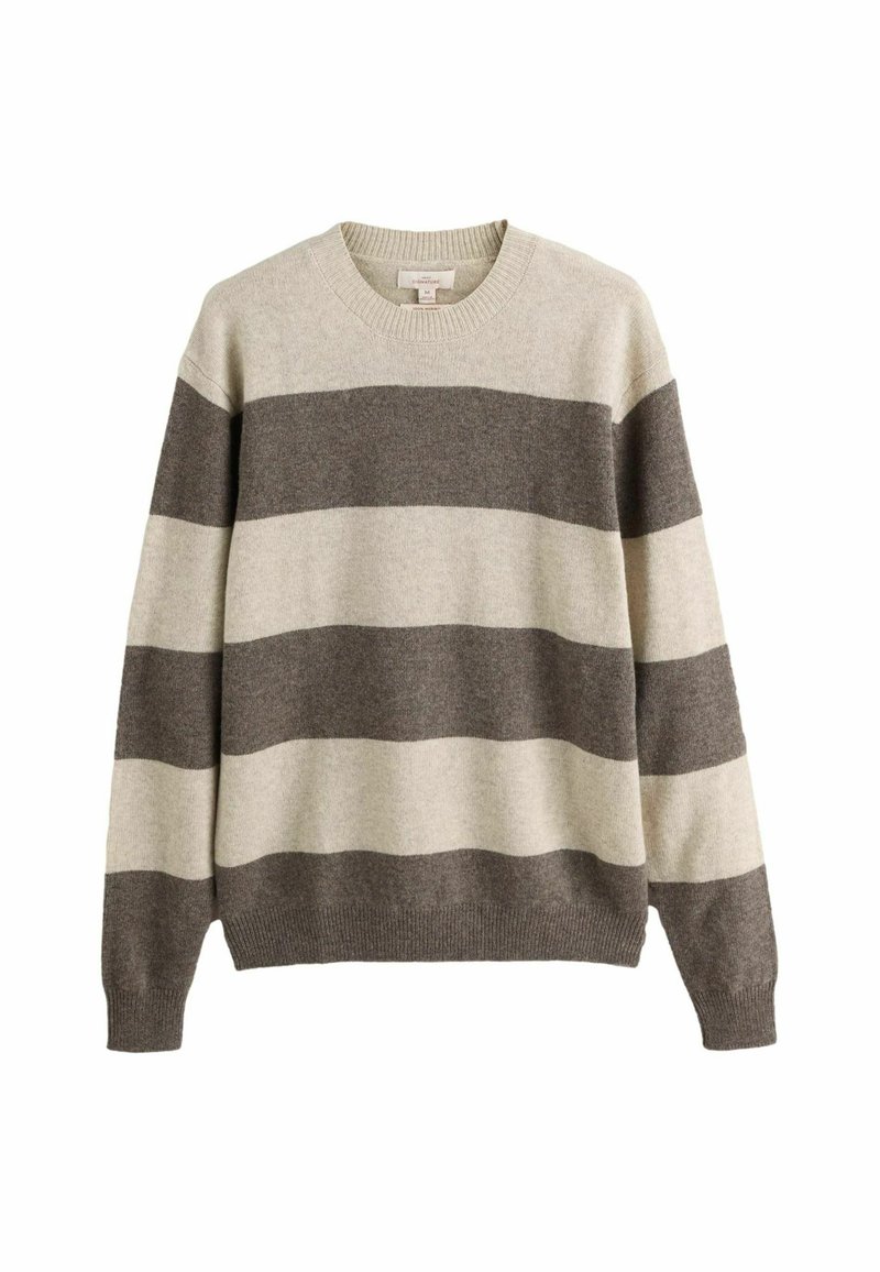 Light gray and brown striped sweater in soft knit fabric. Crew neck, long sleeves, and ribbed cuffs with horizontal stripes.
