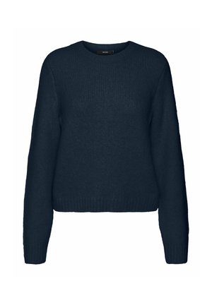 Marinblå stickad tröja med rundad halsringning, långa ärmar och ribbad nederkant. Mjuk textur, avslappnad passform och minimala design detaljer.