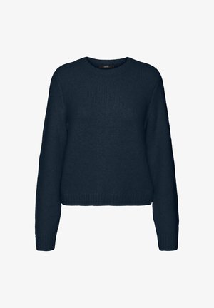 Tumesinine kudum särk ümmarguse kaelusega, pikkade varrukatega ja soonikkoes äärisega. Pehme tekstuur, vabalt istuv ja minimaalsete disainielementidega.