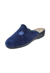 Zapato azul marino de ante tipo mocasín con un cuello de piel sintética, con bordados decorativos y una plantilla acolchada en una suela de goma negra.