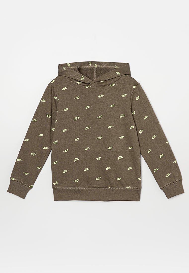 Felpa marrone con motivo ripetitivo del logo Nike verde chiaro. Presenta un cappuccio con coulisse e polsini e orlo a costine, con una consistenza morbida.