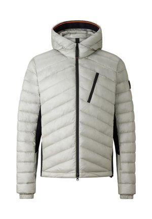 Light gray insulated jacket with a chevron pattern, features a zipper front, hood, and black side panels. Includes a zippered chest pocket.