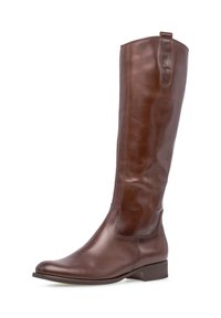Brown leather knee-high boot with a smooth finish, rounded toe, and low block heel. Features a back pull tab for easy wearing.