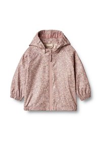 Giacca floreale rosa con cappuccio, polsini elasticizzati e zip frontale a vista. Realizzata in materiale leggero e impermeabile con piccoli fiori decorativi.