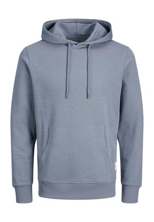 Jasnoniebieska bluza z kapturem typu pulower, z przednią kieszenią kangurzą, regulowanym sznurkiem w kapturze oraz ściągaczami na rękawach i dole.