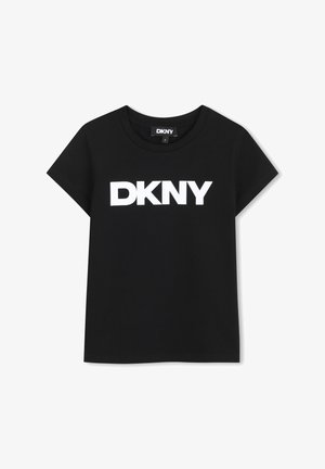 Zwart katoenen T-shirt met korte mouwen en een ronde hals, voorzien van een groot wit "DKNY" logo op de voorkant. Gladde textuur.
