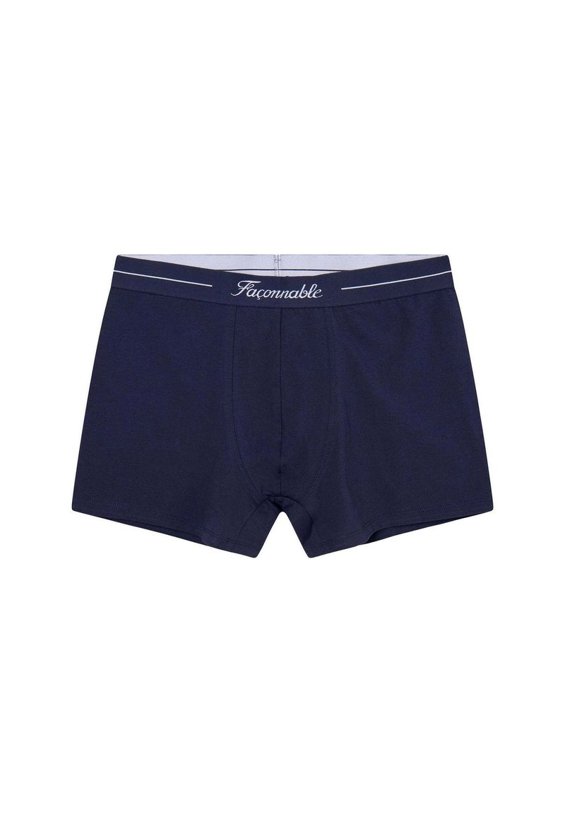 Boxer shorts en coton bleu marine avec une coupe ajustée. Dotés d'une taille élastique grise avec des rayures blanches et du logo "Faconnable". Texture douce.