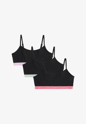 Trois camisoles courtes noires avec bretelles réglables, chacune dotée d'une bande élastique colorée pastel différente à l'ourlet.