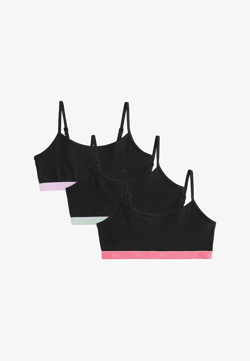 Három fekete, állítható pántos, rövidített fazonú trikó, mindegyiken más-más pasztellszínű elasztikus szegéllyel a szegélyen.