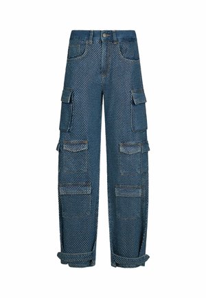 Blaue Cargo-Hose aus Denim mit einem gepunkteten Muster. Verfügt über mehrere Taschen, einen lockeren Schnitt und umgeschlagene Säume.