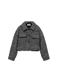 Skrajšani jopič v houndstooth vzorcu, črno-bel, z razširjenim ovratnikom, dvema sprednjima žepoma in gumbom za zapiranje. Teksturovan material.