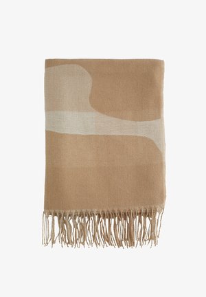 Écharpe en laine beige plissée et marron clair avec un motif géométrique abstrait et des extrémités frangées sur un fond blanc.