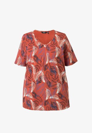 Ulla Popken, T-SHIRT, BLÄTTER, BIESEN, A-LINIE, V-AUSSCHNITT, HALBARM - T-shirt con stampa - terra