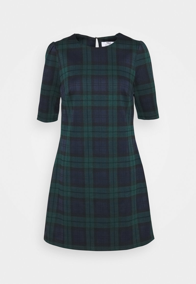 Robe à manches courtes avec motif écossais sombre, comprenant des couleurs vertes et bleu marine, un col rond et une fermeture éclair à l'arrière.