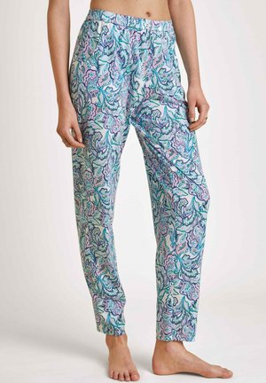 Lichte pyjamabroek met een bloemen-paisleypatroon in aqua, paars en groen. Elastische tailleband en taps toelopend ontwerp.