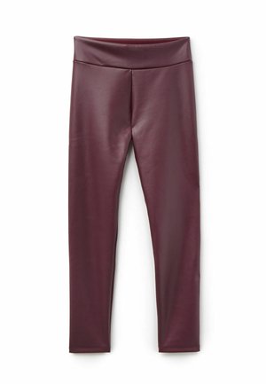 Burgundy legíny vyrobené z hladkého, elastického materiálu; vysoký pas; úzký střih se zužujícím se nohavicím až k kotníkům; žádné viditelné vzory nebo kovové prvky.