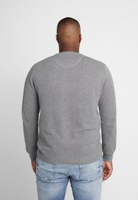 Maglione grigio lavorato a maglia con maniche lunghe, polsini e scollatura a costine. La texture è liscia con un motivo sottile, indossato su jeans azzurri chiari.