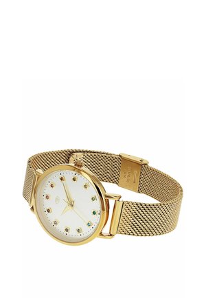 Gold wristwatch with white face, multicolored gemstone hour markers, gold mesh band, and stainless steel clasp.