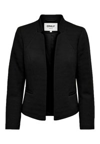 Černý blazer vyrobený z texturované tkaniny, s klopovým límcem, otevřeným předním dílem a bočními kapsami. Vzor herringbone přidává detail.