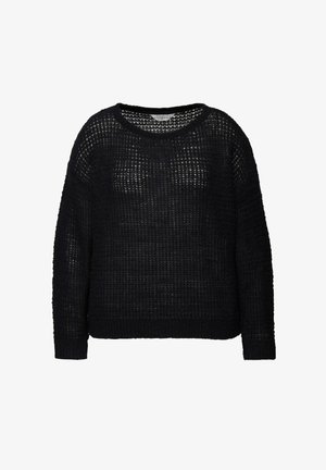 Zwarte gebreide trui met een losse weving, ronde halslijn en lange mouwen. Voorzien van een geribbelde zoom en manchetten, wat zorgt voor een gestructureerde uitstraling.
