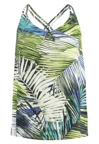 Débardeur à imprimé tropical avec des motifs de feuilles de palmier vertes, bleues et blanches, et fines bretelles croisées dans le dos.