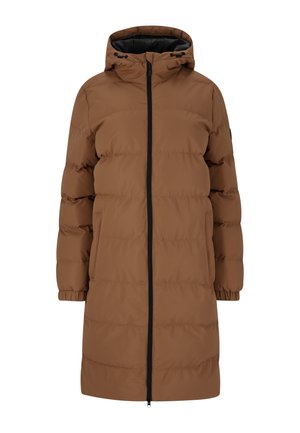 Manteau d'hiver rembourré long marron avec capuche, fermeture éclair frontale noire, poignets élastiques et poches latérales.