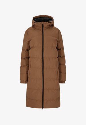 Manteau d'hiver rembourré long marron avec capuche, fermeture éclair frontale noire, poignets élastiques et poches latérales.