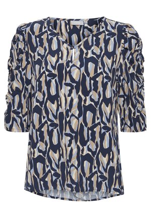 Vzorirana bluza v mornarsko modri in bež barvi z V-izrezom, napihnjenimi rokavi in sproščenim krojem. Narejena iz lahkega materiala z gladko teksturo.