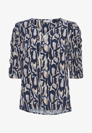 Vzorirana bluza v mornarsko modri in bež barvi z V-izrezom, napihnjenimi rokavi in sproščenim krojem. Narejena iz lahkega materiala z gladko teksturo.